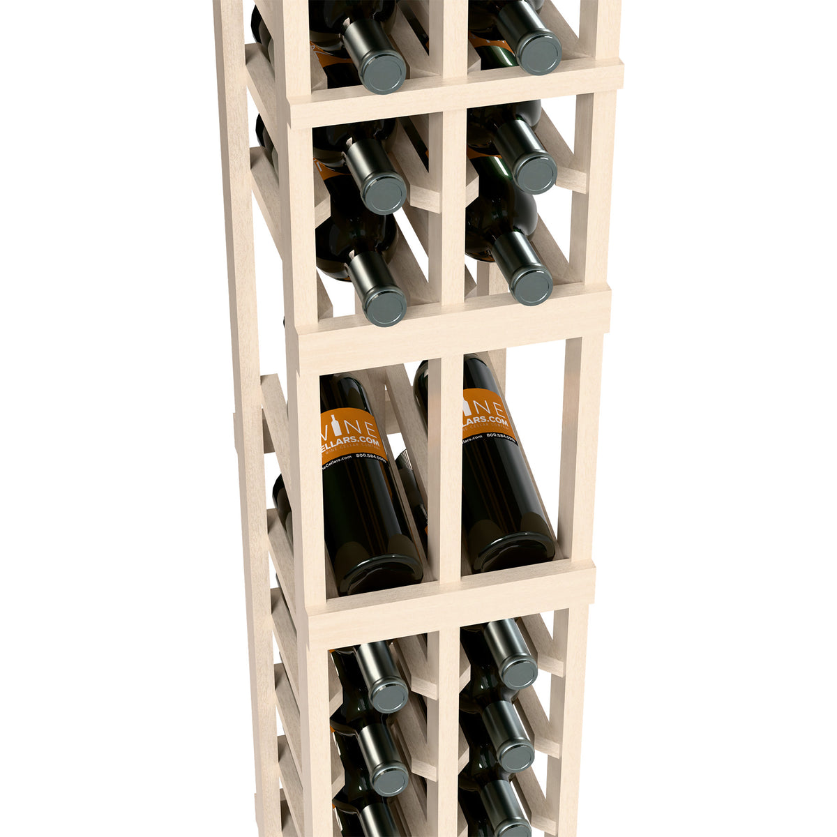 Close-up of white two-column wine rack with bottle slots and wooden frame