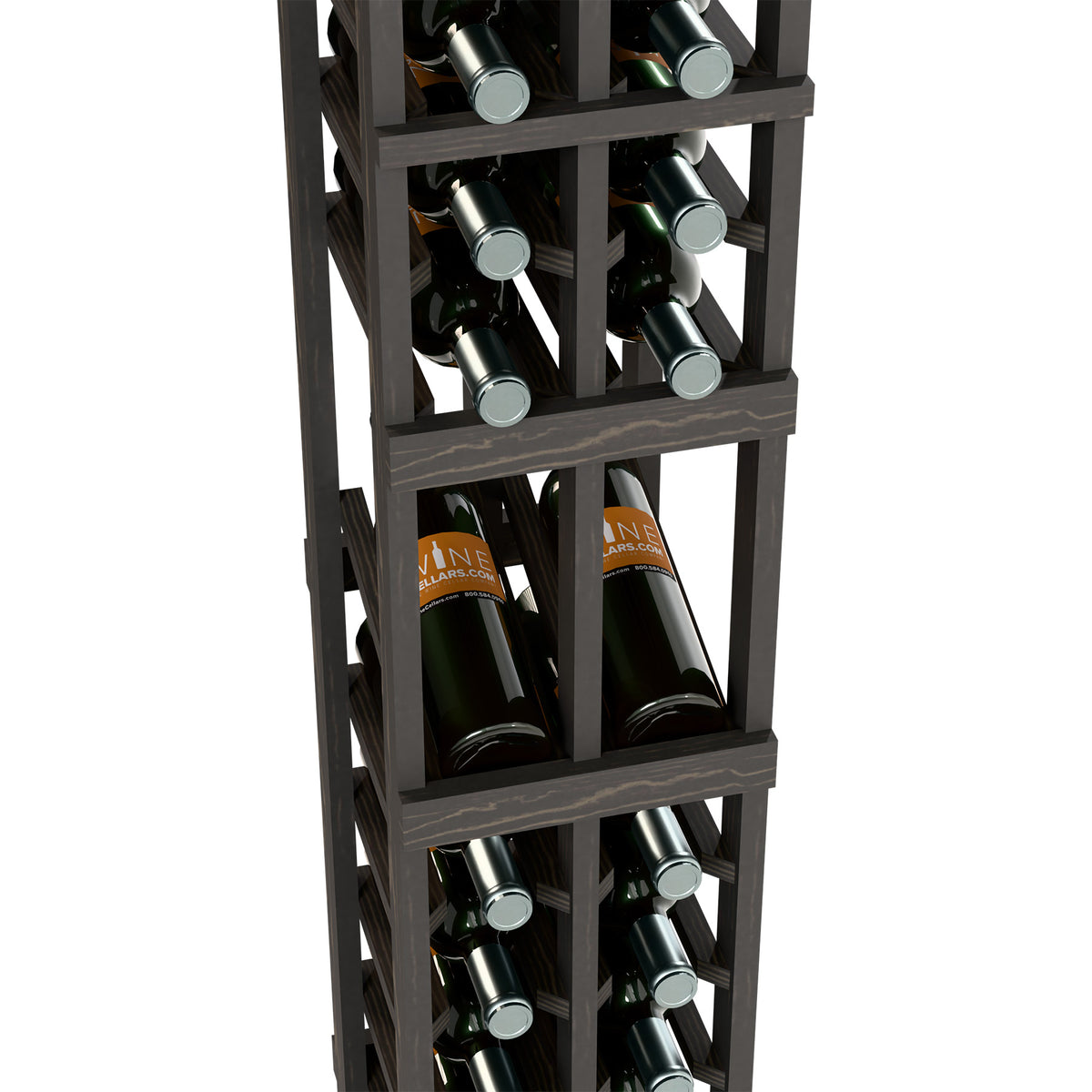 Dark wood wine rack shelves with bottle slots and visible bottle necks