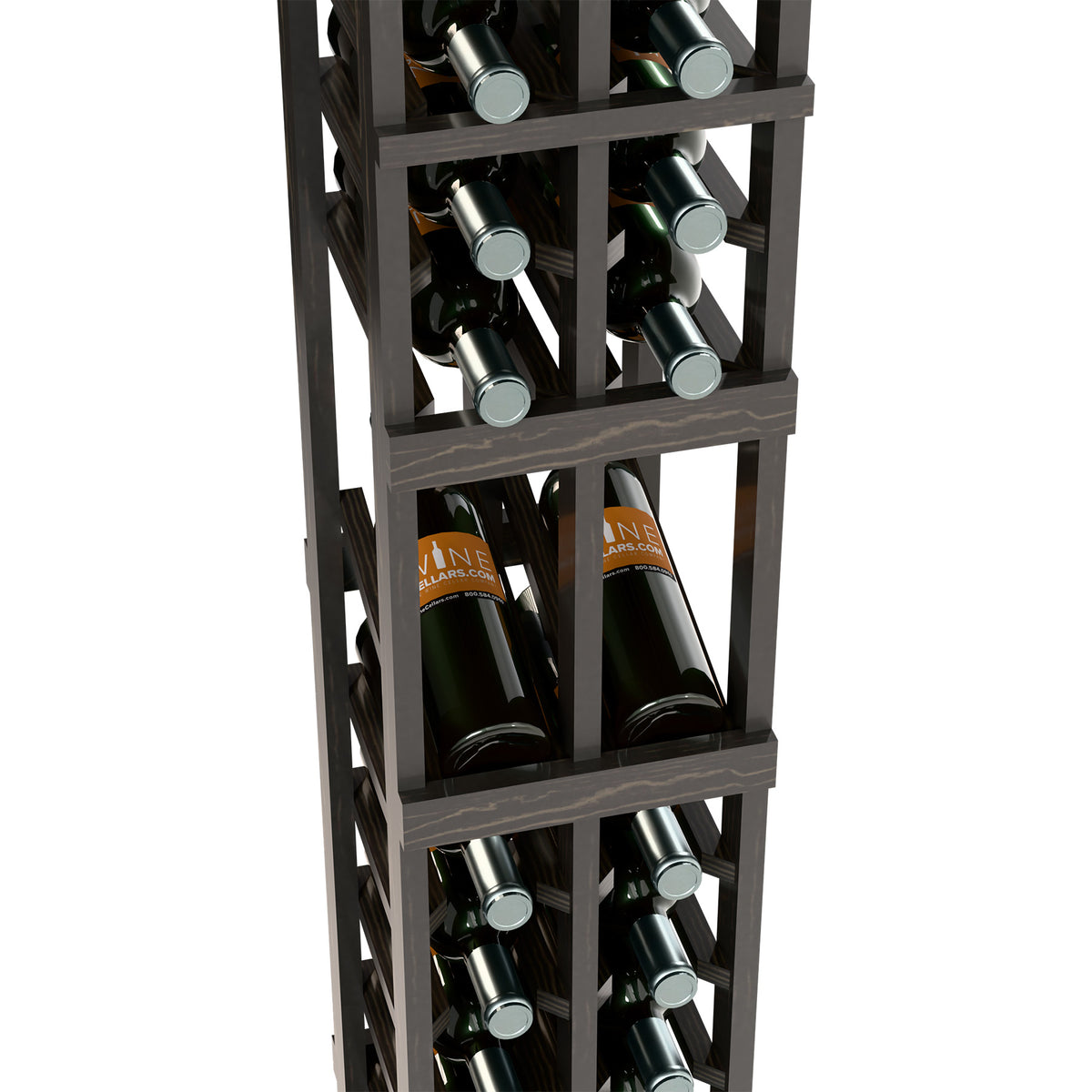 Dark wood wine rack with stacked rows of bottle slots and bottle necks