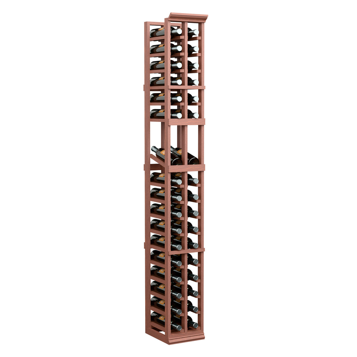 Tall reddish wood 2-column wine bottle display rack with open bottle compartments