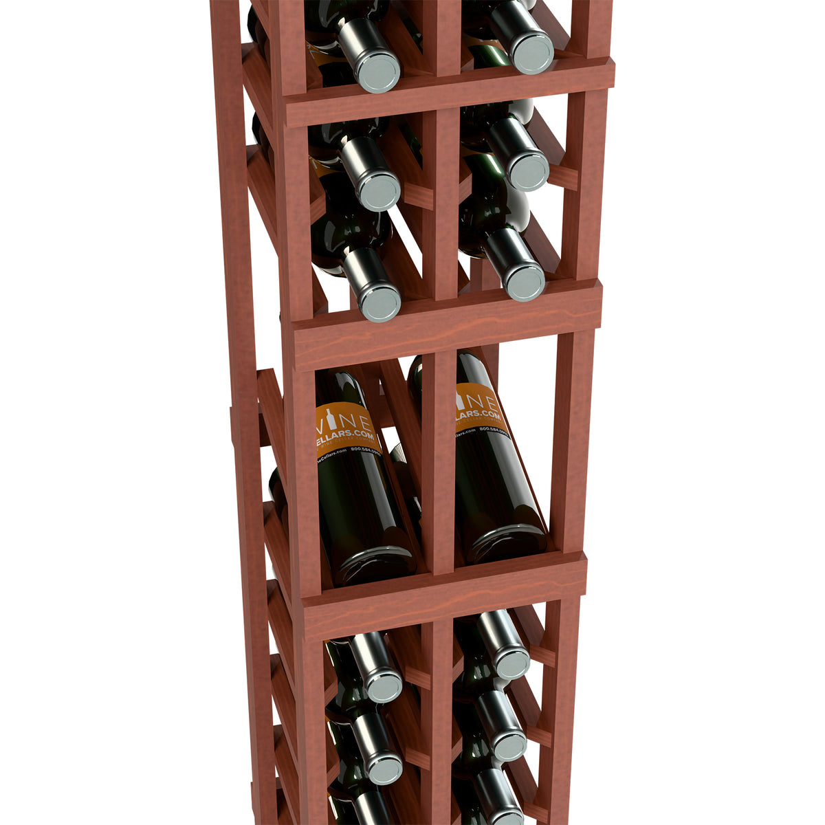 Reddish wood wine rack shelves holding dark bottles with silver bottle tops