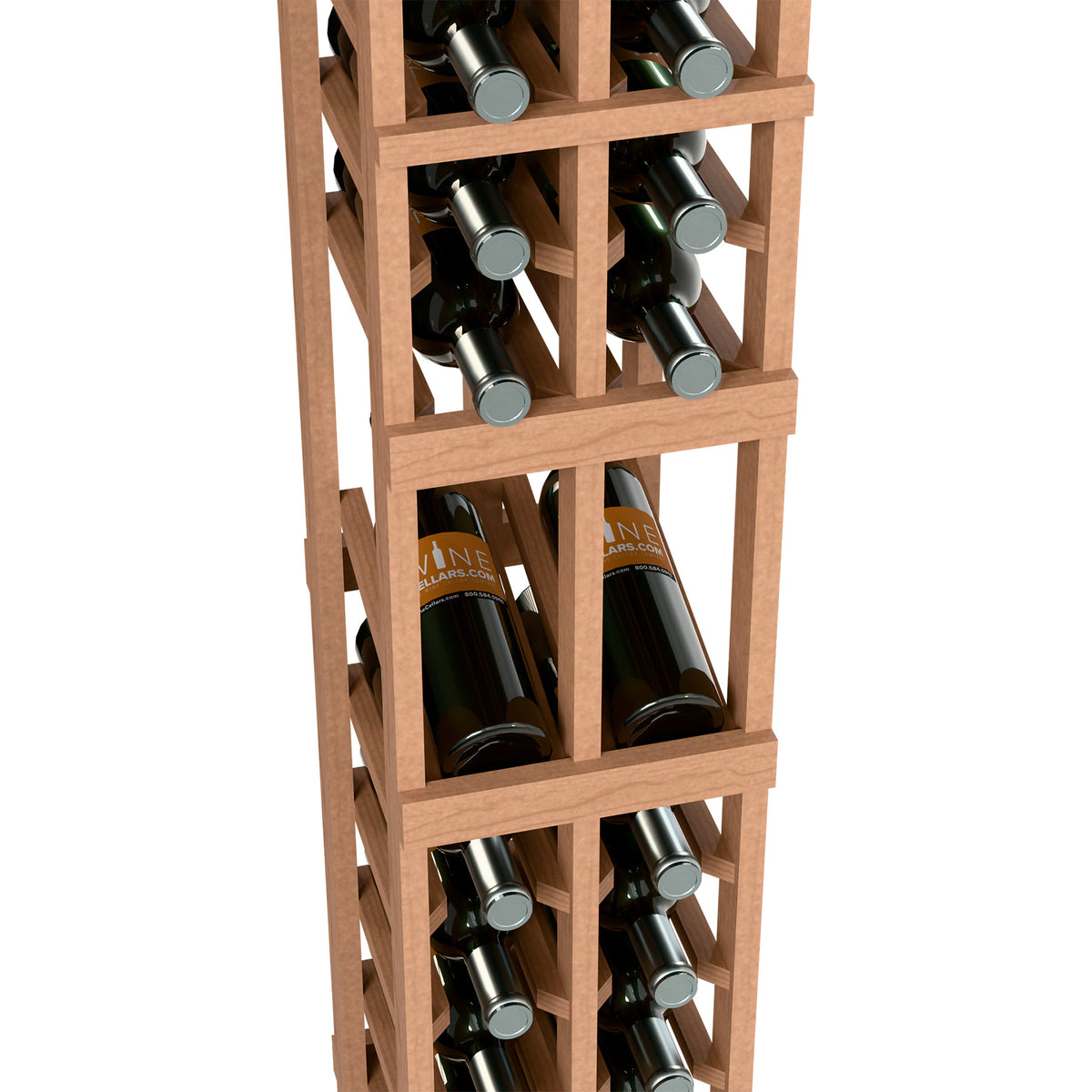 Light wood wine rack shelves with wine bottles in open slots