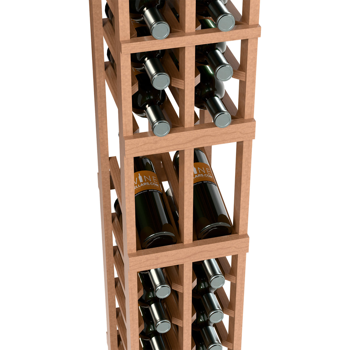 Light wood wine rack corner view with front bottle rows and bottle neck slots