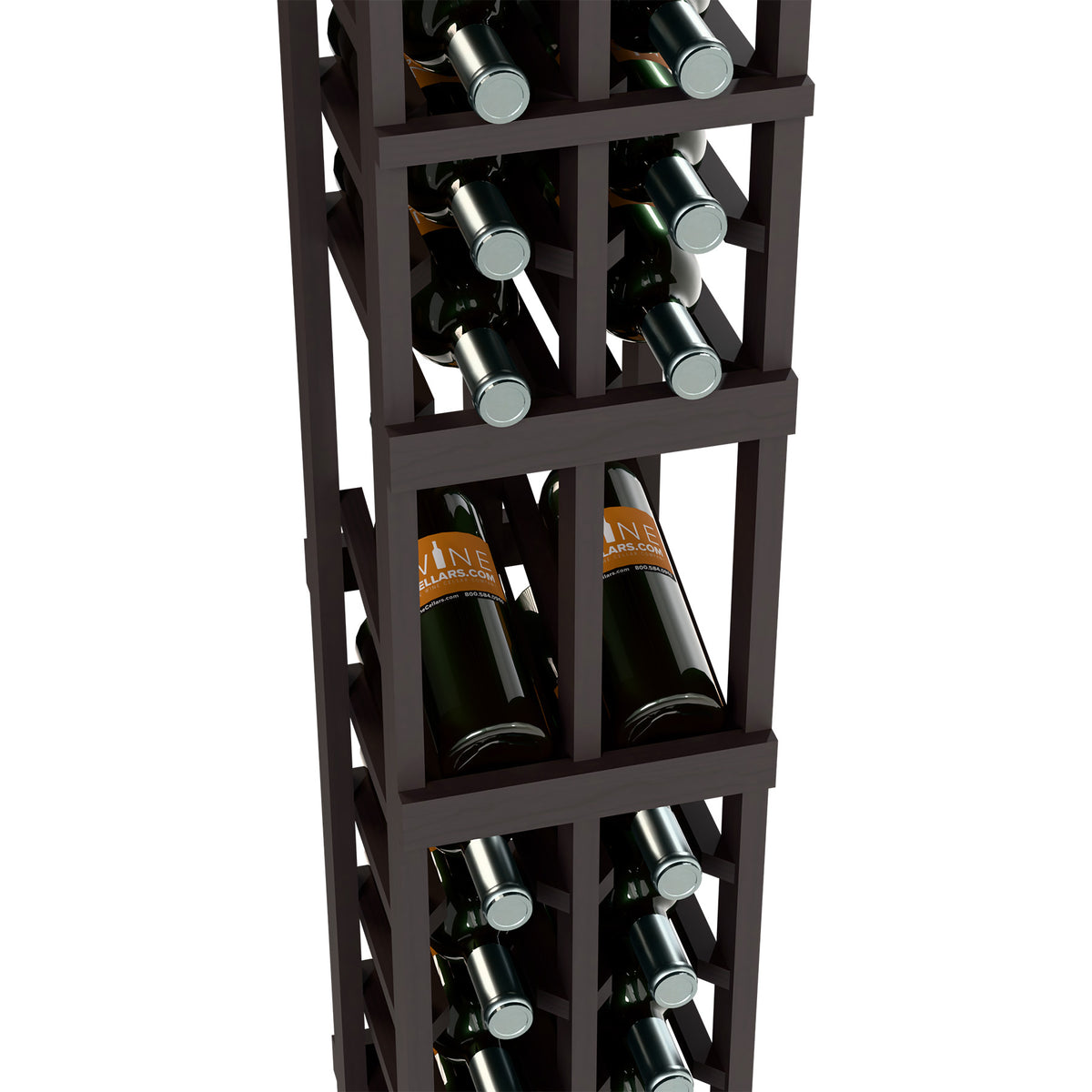 Dark wood wine rack close-up showing front cubbies and tilted bottle storage