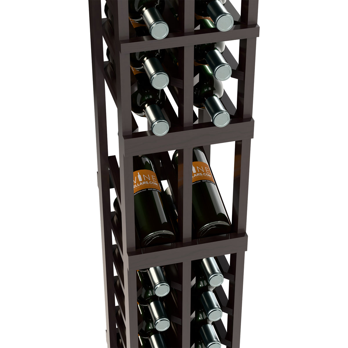 Dark wood wine rack close-up with two front rows of bottles and slatted frame