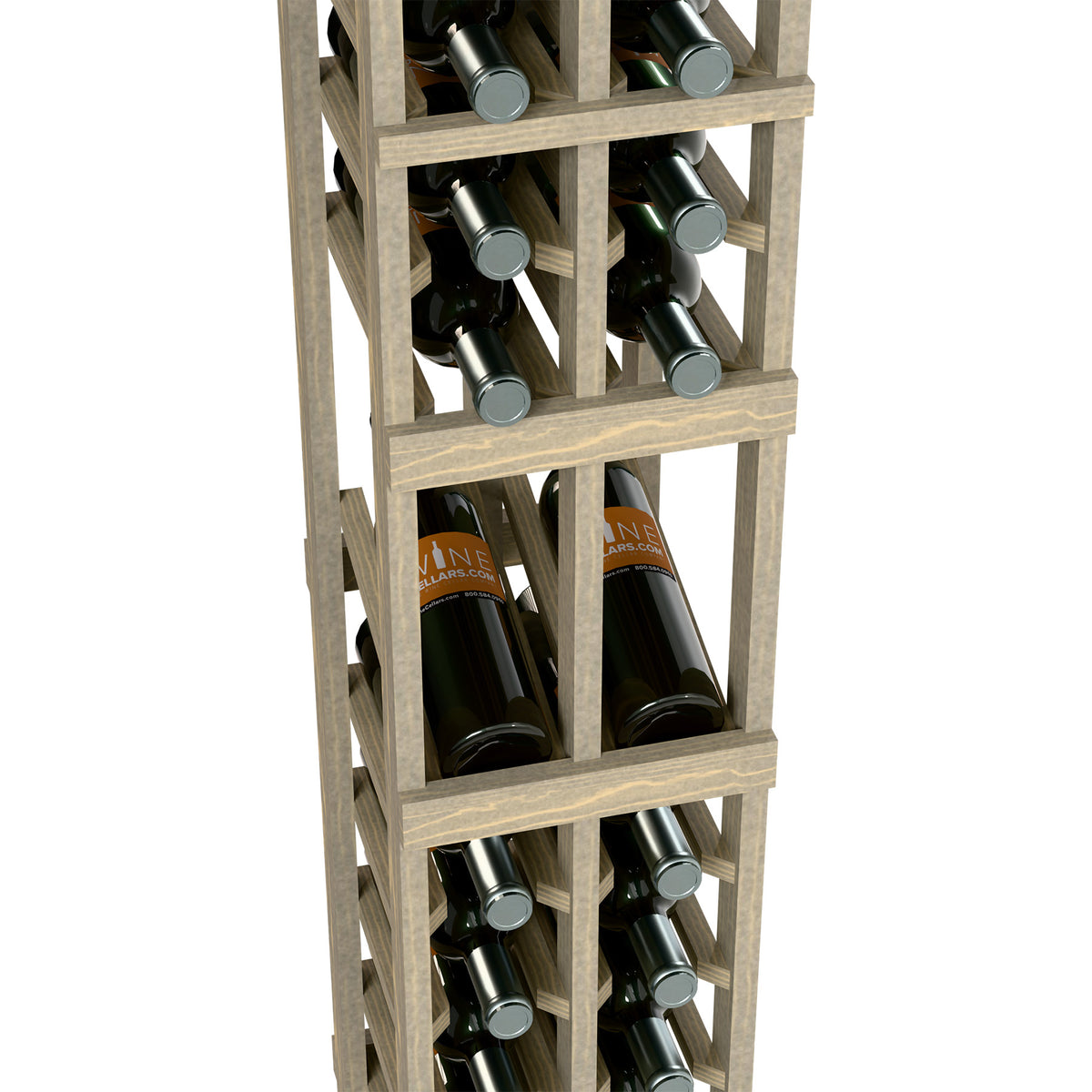 Wood wine bottle display rack detail with two rows holding bottles