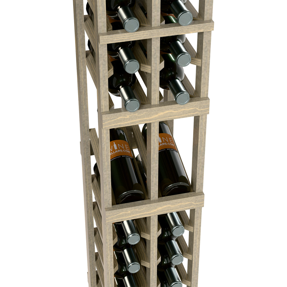 Light wood wine rack close-up showing bottle compartments and cross supports