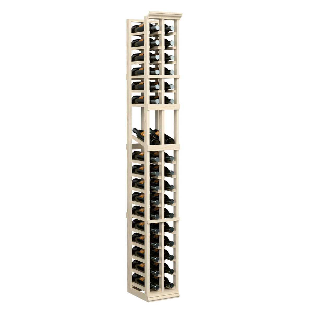 Light wood tall wine bottle display rack with two-column openings