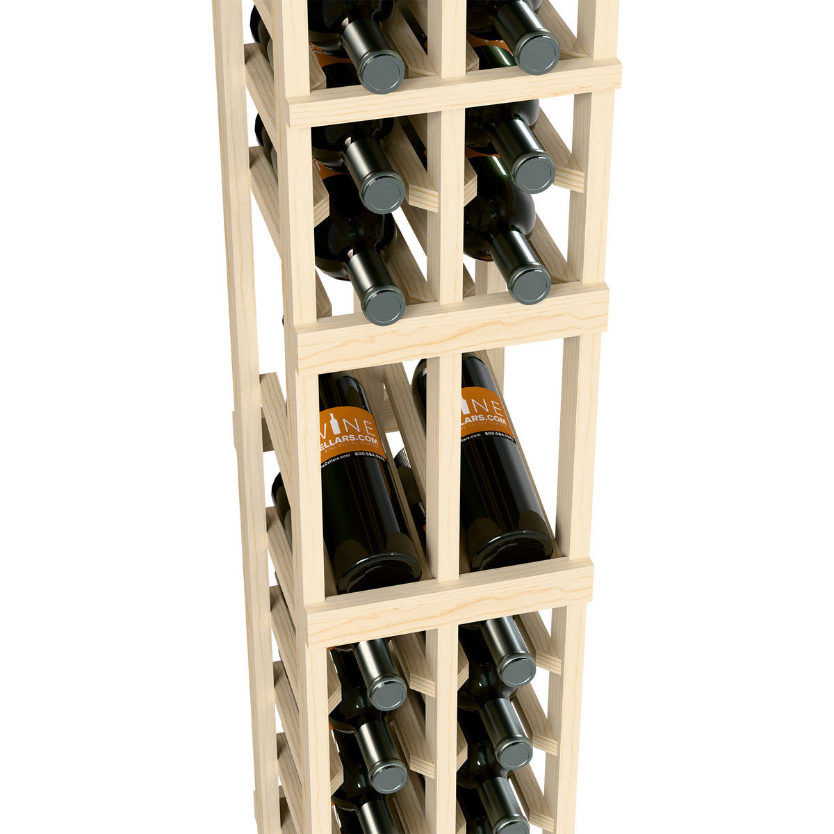 Light wood wine bottle rack detail with bottle necks and inner slatted supports