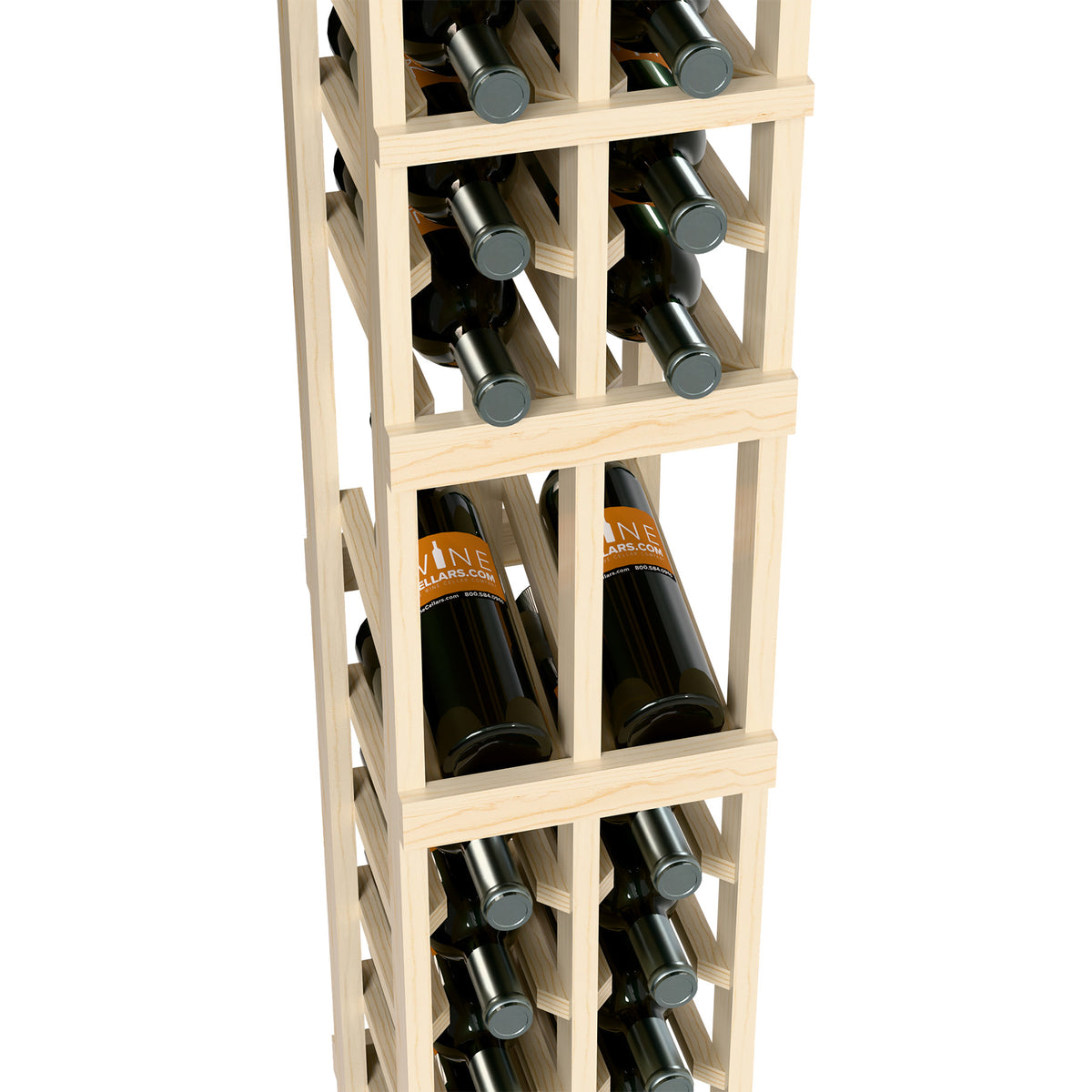 Light wood wine rack close-up with two bottle rows per level
