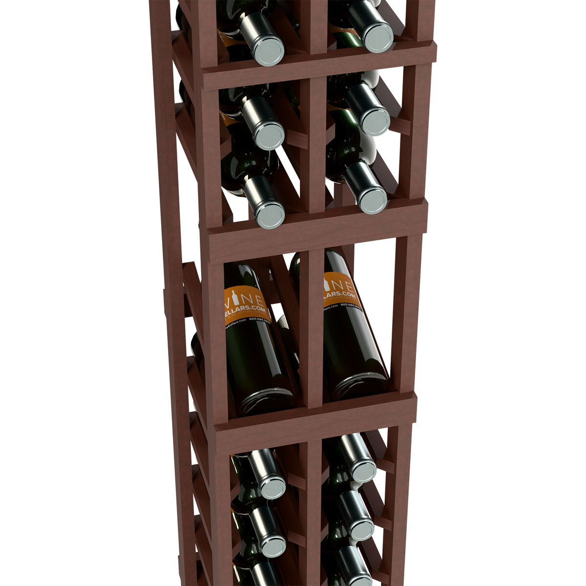 Dark wood wine rack detail showing two bottle compartments and slot frame
