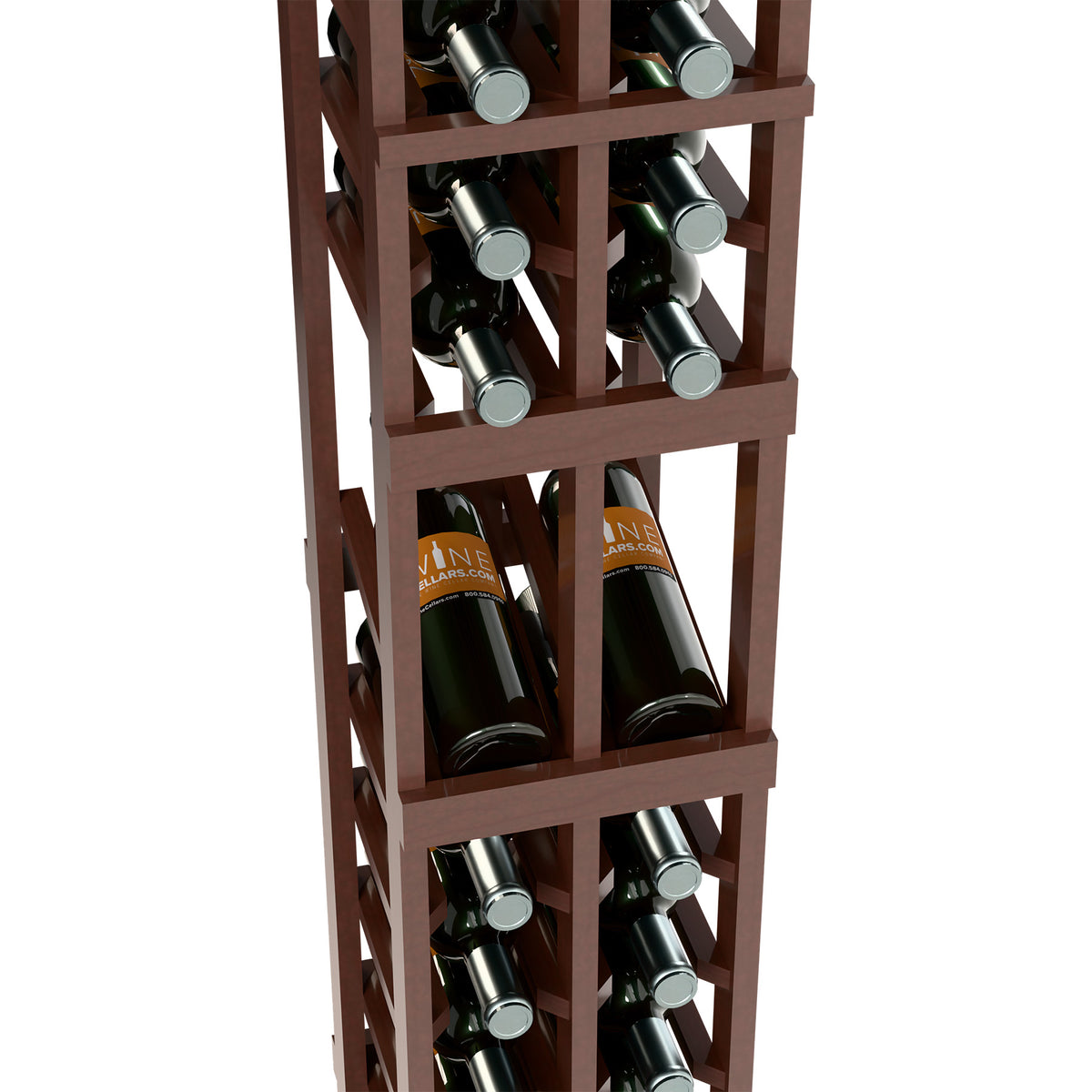 Wood wine bottle display rack with 2-column slots and bottle neck supports, dark brown