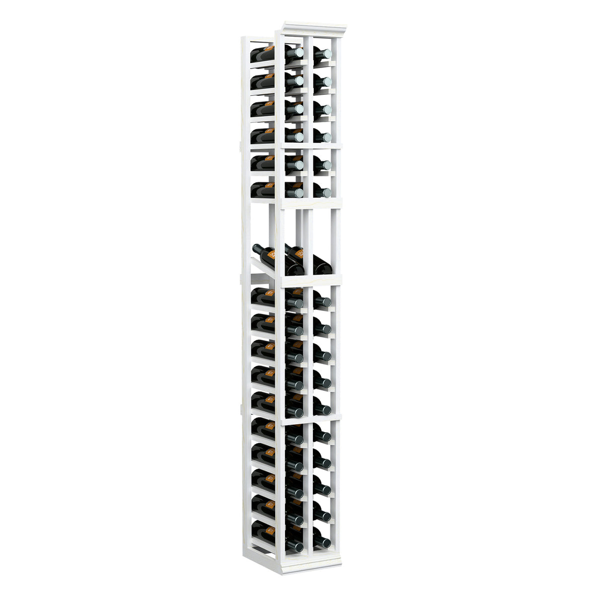 Tall 2-column wood wine bottle display rack with open grid shelves, white painted finish