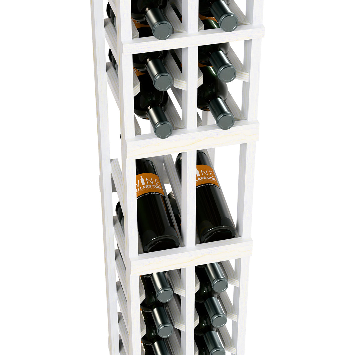 White wood wine bottle display rack with 2-column slots and bottle neck supports