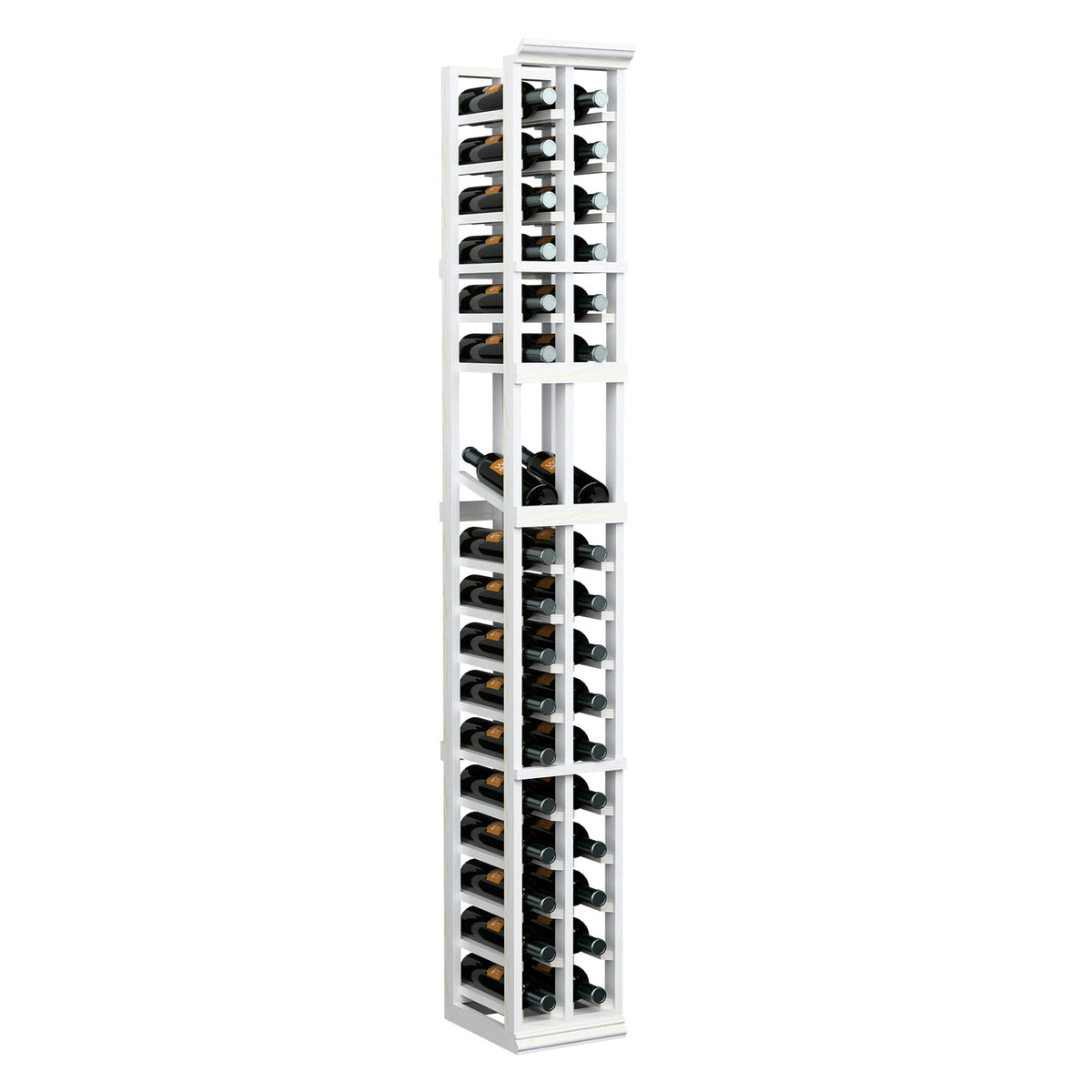 Tall 2-column wood wine bottle display rack with open grid shelves, white painted finish