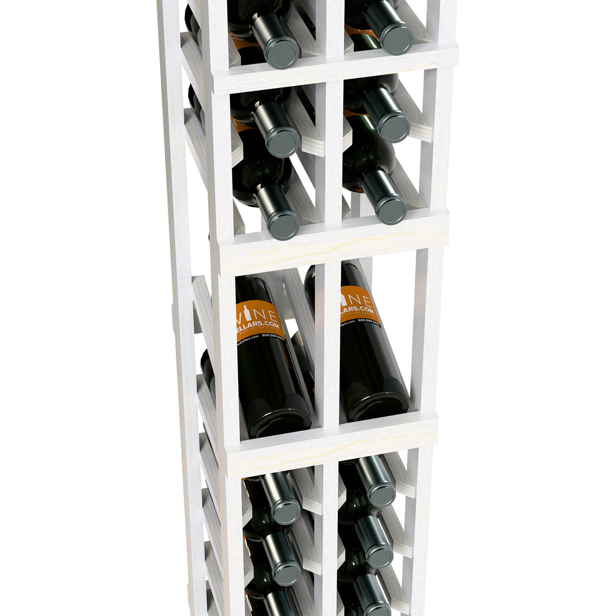 White wood wine bottle display rack with 2-column compartments holding bottles