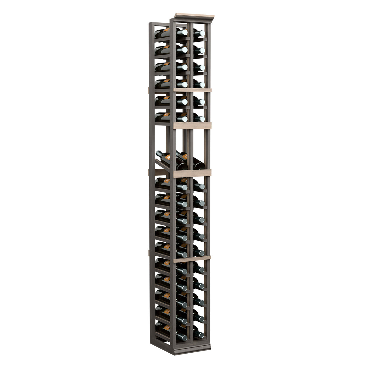 6ft two-column wine display rack with dark frame, holds bottles on stacked grid shelves