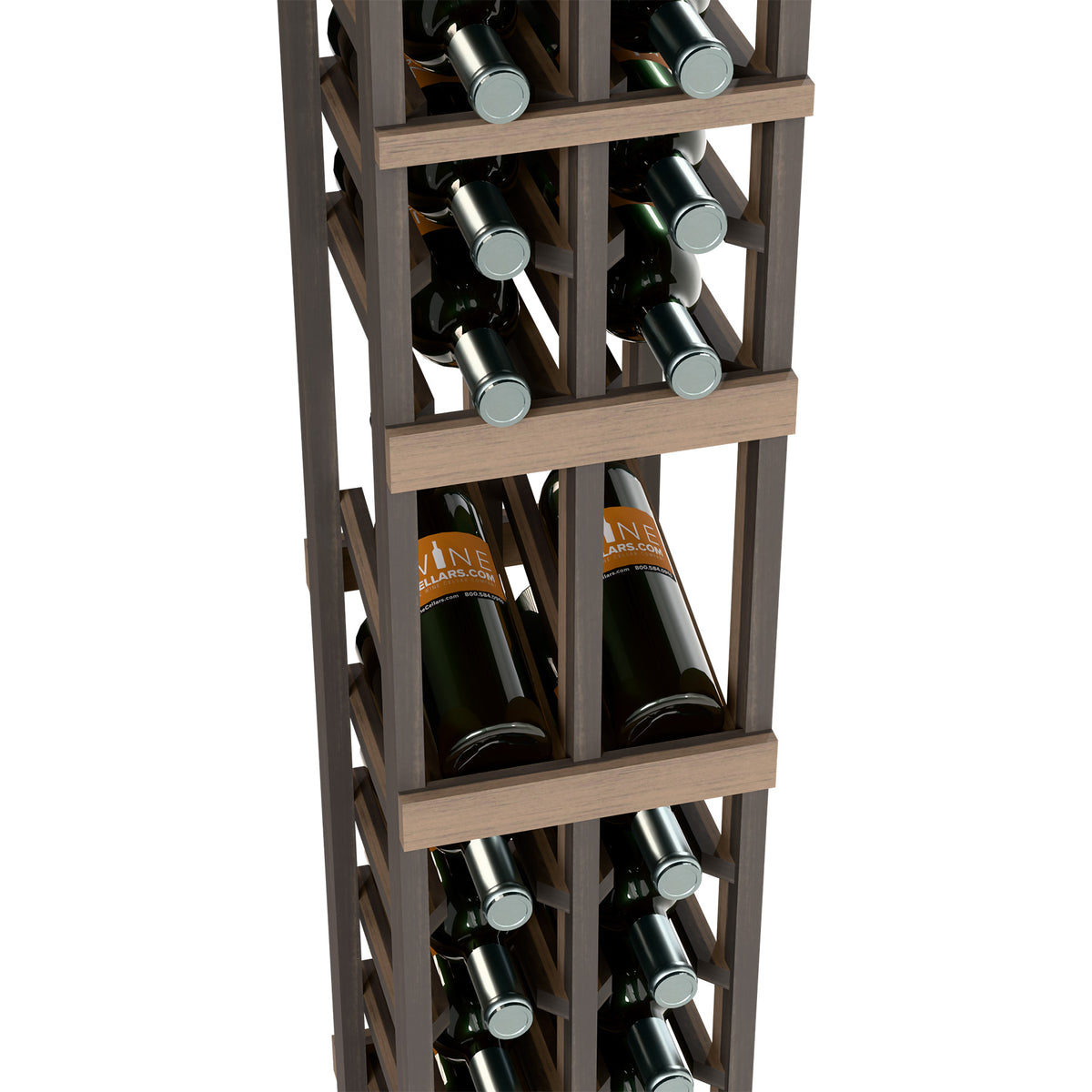 Two-column wine rack close-up with dark frame, wine bottles resting in wooden cubbies
