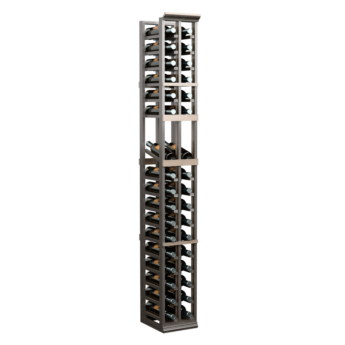 6ft two-column wine display rack with dark frame and stacked bottle shelves