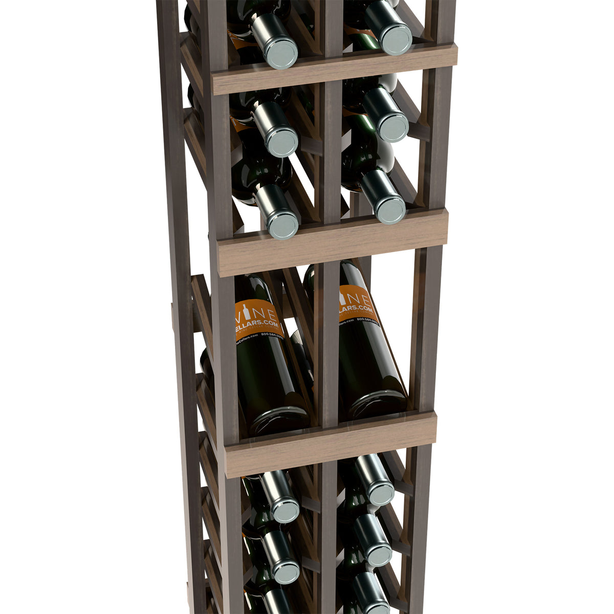 Two-column wine rack close-up with dark frame, bottles in three visible front rows
