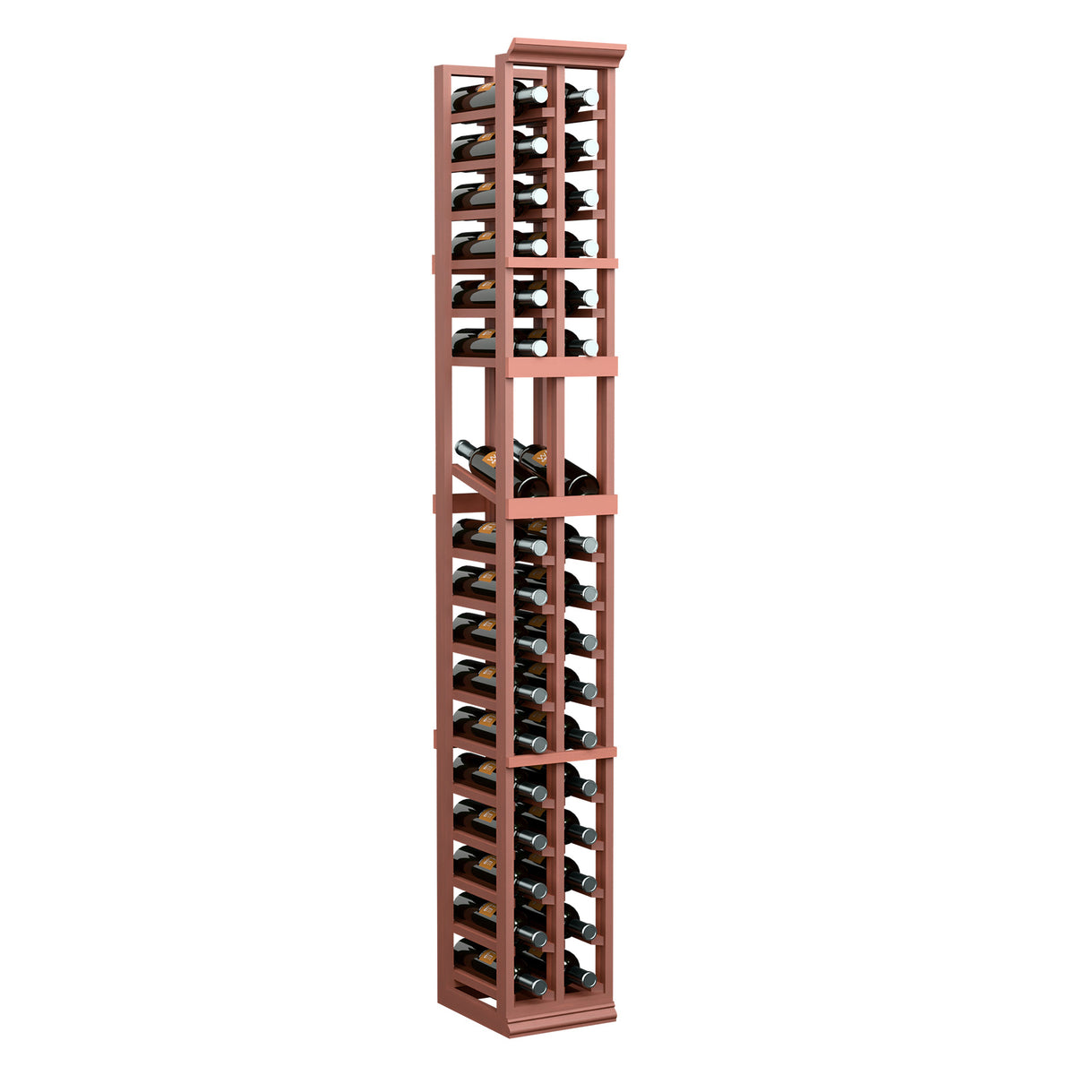 6ft two-column wine display rack with reddish-brown frame, stacked bottle grid shelves