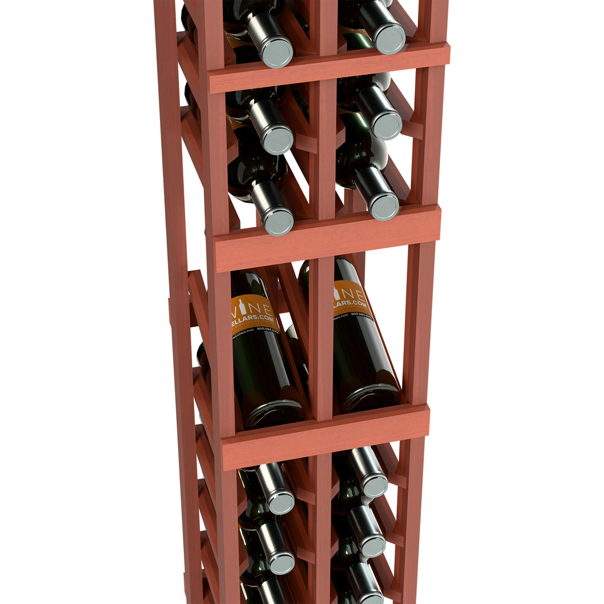 Two-column wine rack close-up with reddish-brown frame, bottles in wooden cubbies
