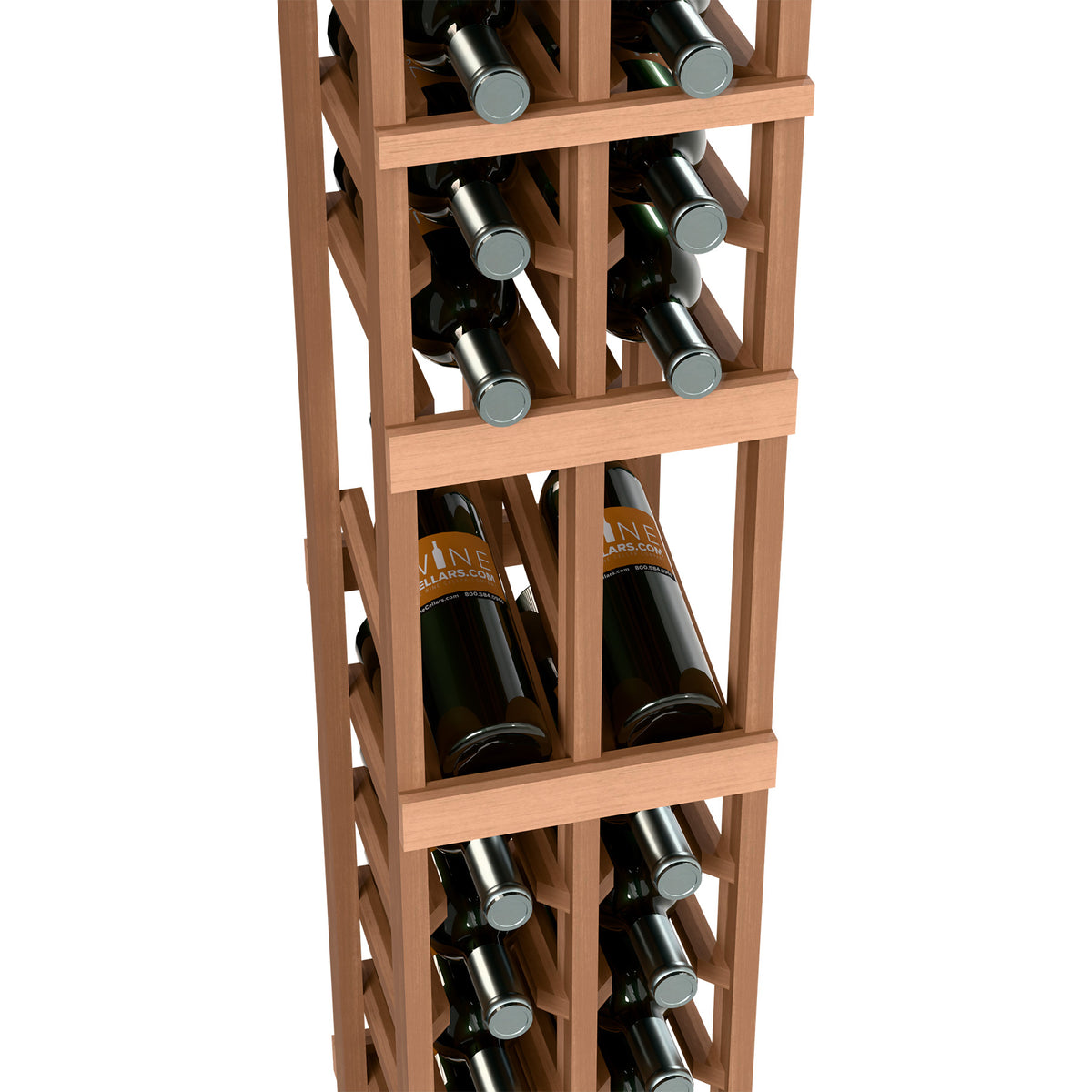 Two-column wine rack close-up with light wood frame, bottles placed in front rows