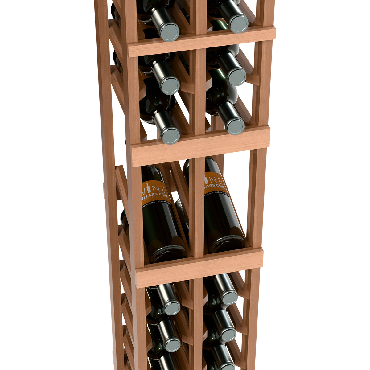 2-column wine display rack with wine bottles in lower shelves, light wood frame