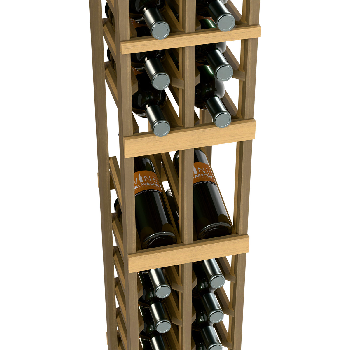 2-column wine display rack holding wine bottles on three open shelves, light wood