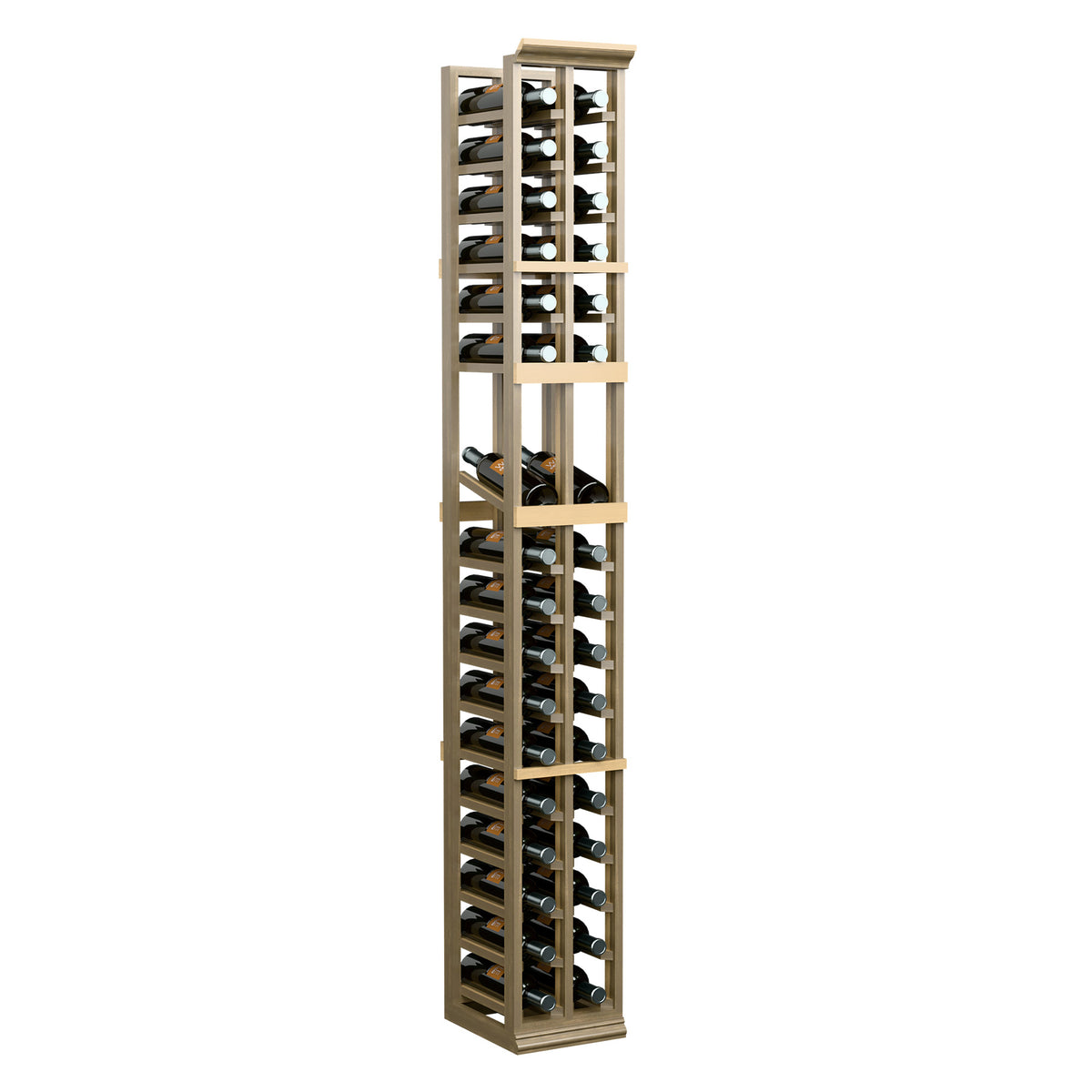 2-column wine display rack with open bottle compartments, light wood finish, 6 ft tall