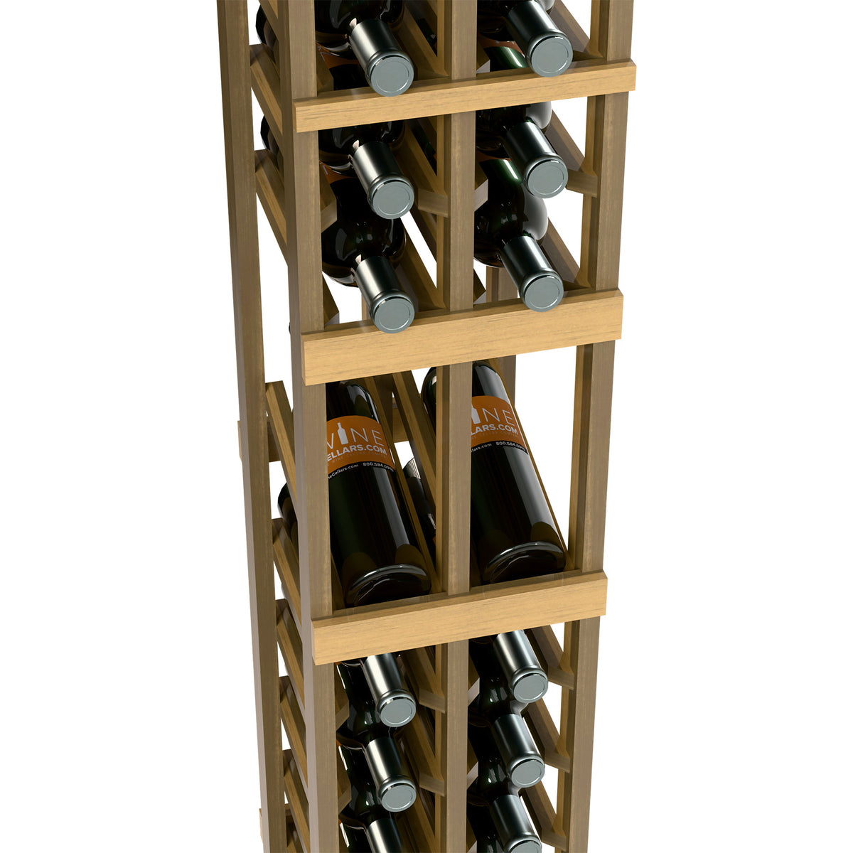 2-column wine display rack with wine bottles and angled bottle slots, light wood frame