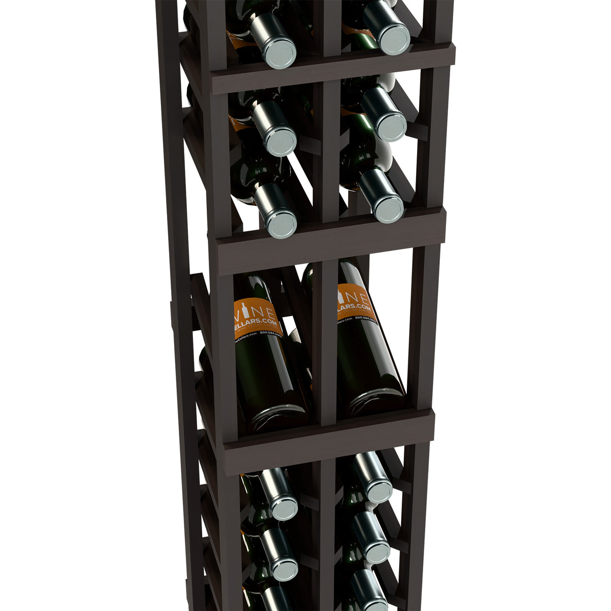 2-column wine display rack with wine bottles on shelves, dark wood frame, open slots