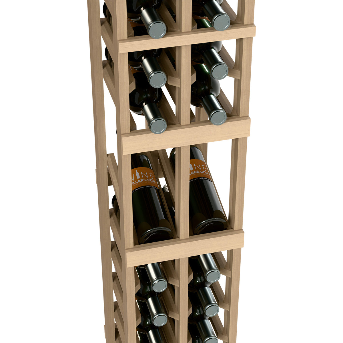 Wine bottle display rack, close view of two rows holding bottles in light wood