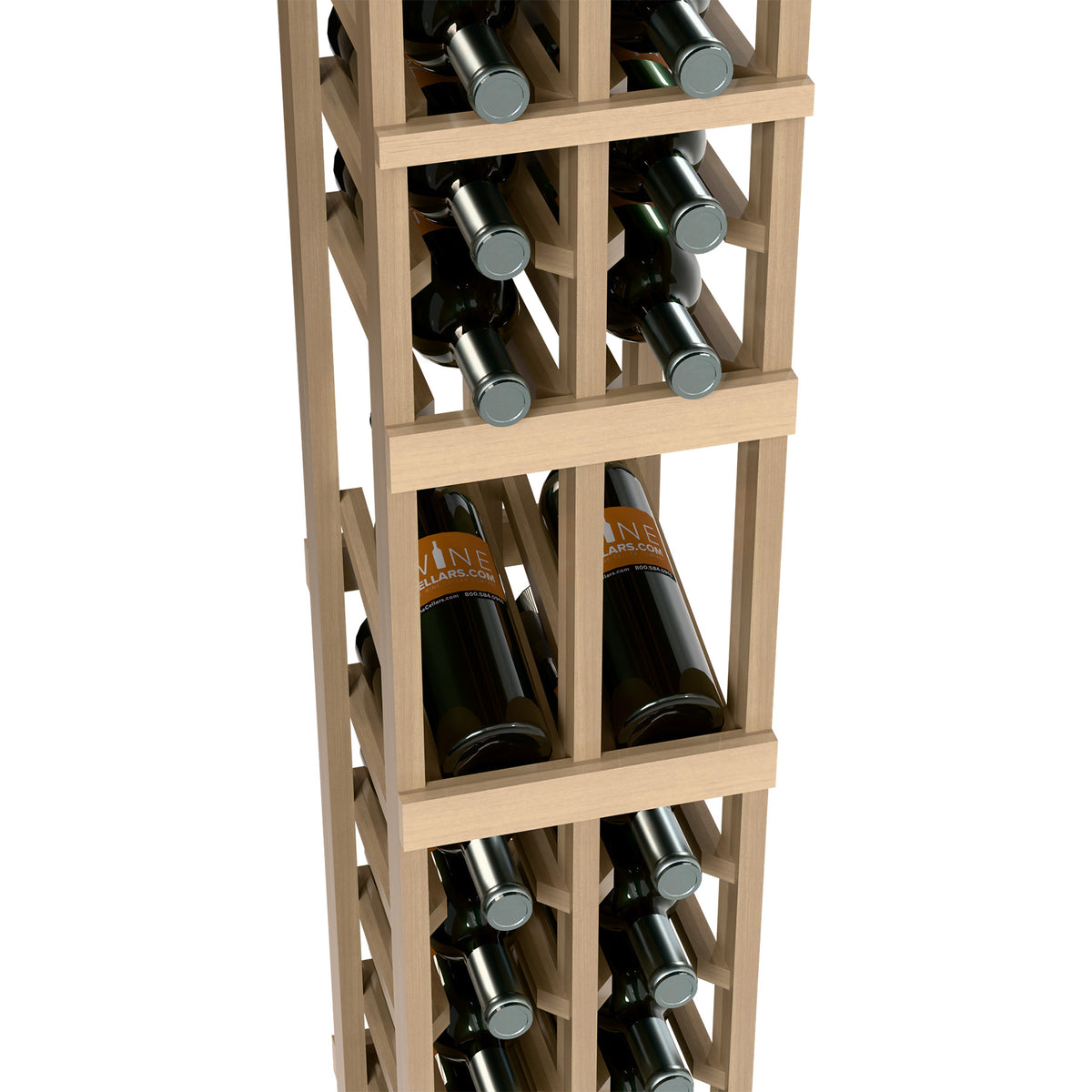 Wine bottle rack with two-tier shelves, close-up of bottles in light wood frame