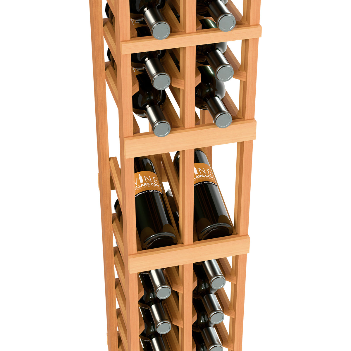 Wine bottle display rack, close-up showing bottles in warm honey wood shelves