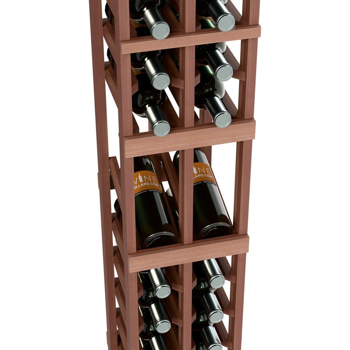 Wine bottle display rack close-up, bottles on shelves in dark stained wood