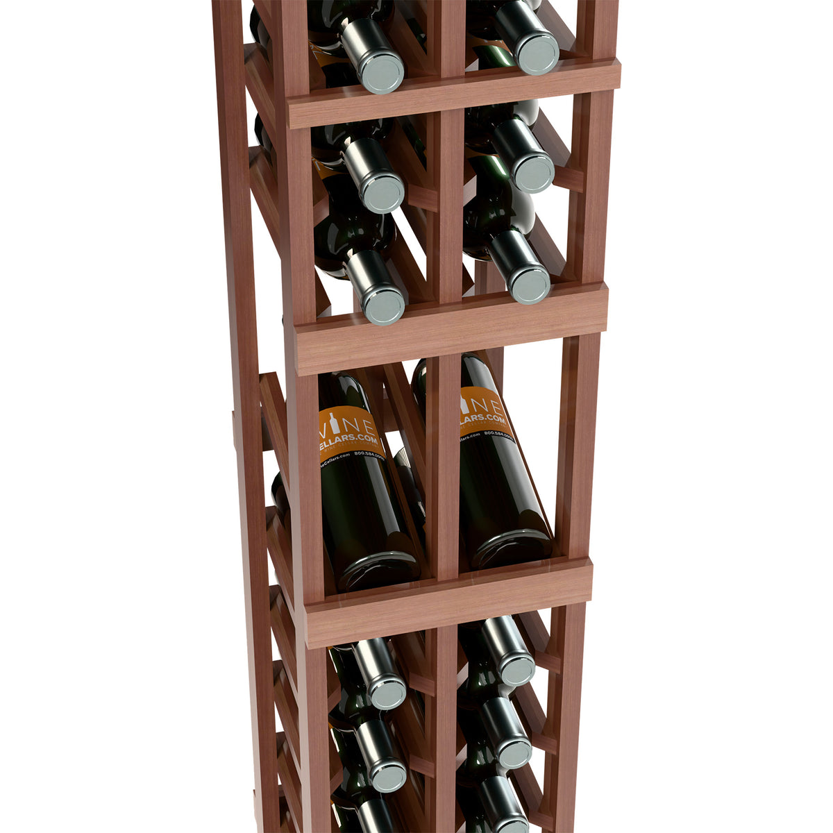 Close view of dark wood 2-column wine rack holding bottles in front slots