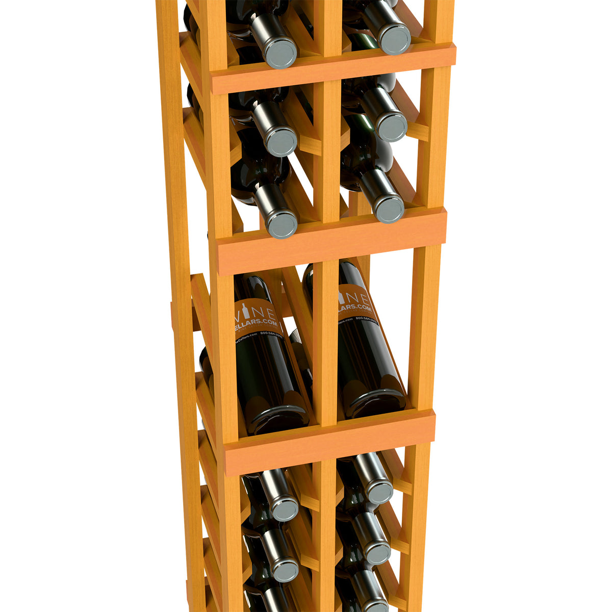 Close view of light wood 2-column wine rack with bottles in tiered slots