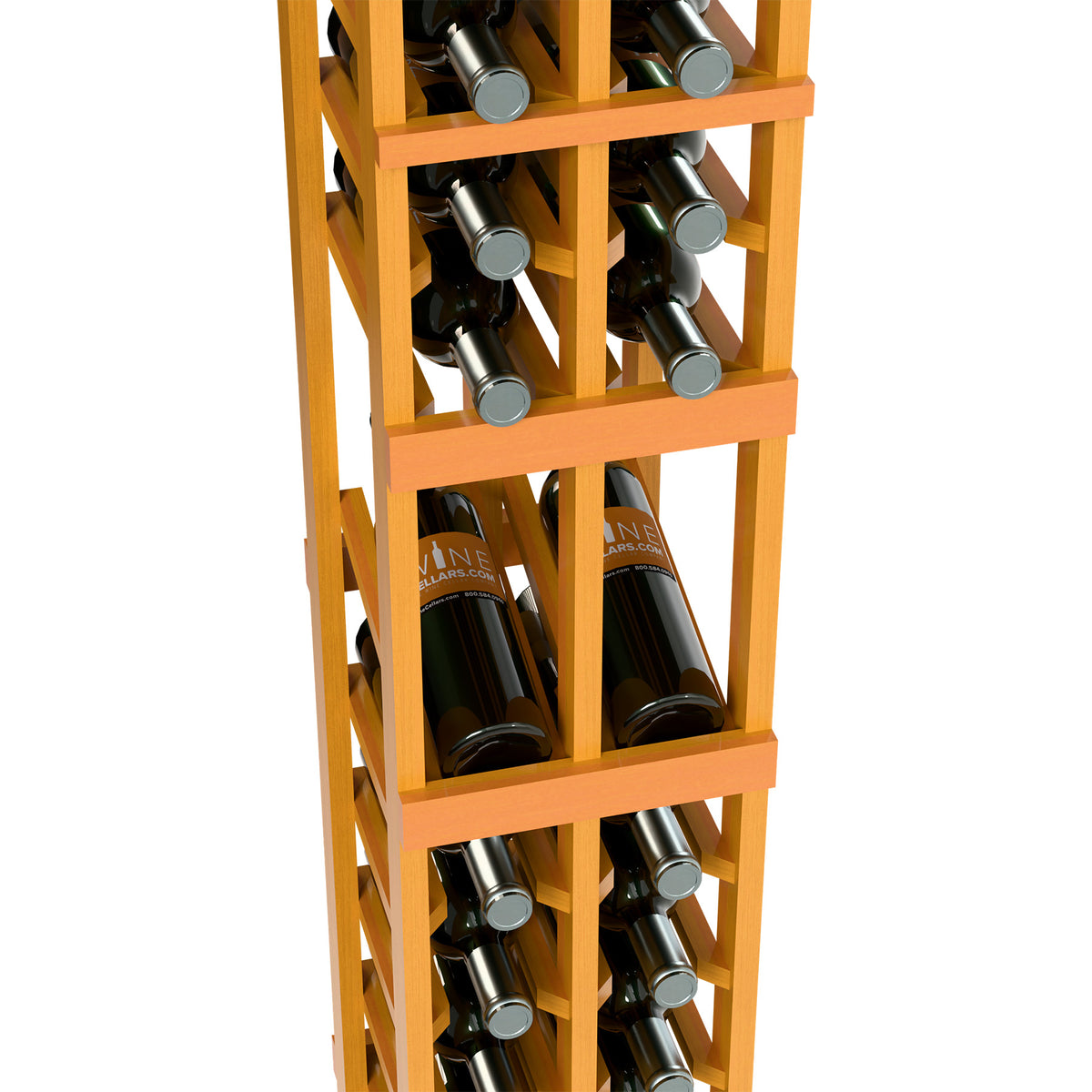 Front close-up of light wood 2-column wine rack with bottle storage compartments