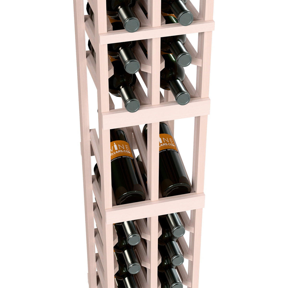Close-up of white-washed 2-column wine rack with bottles in tiered cubbies