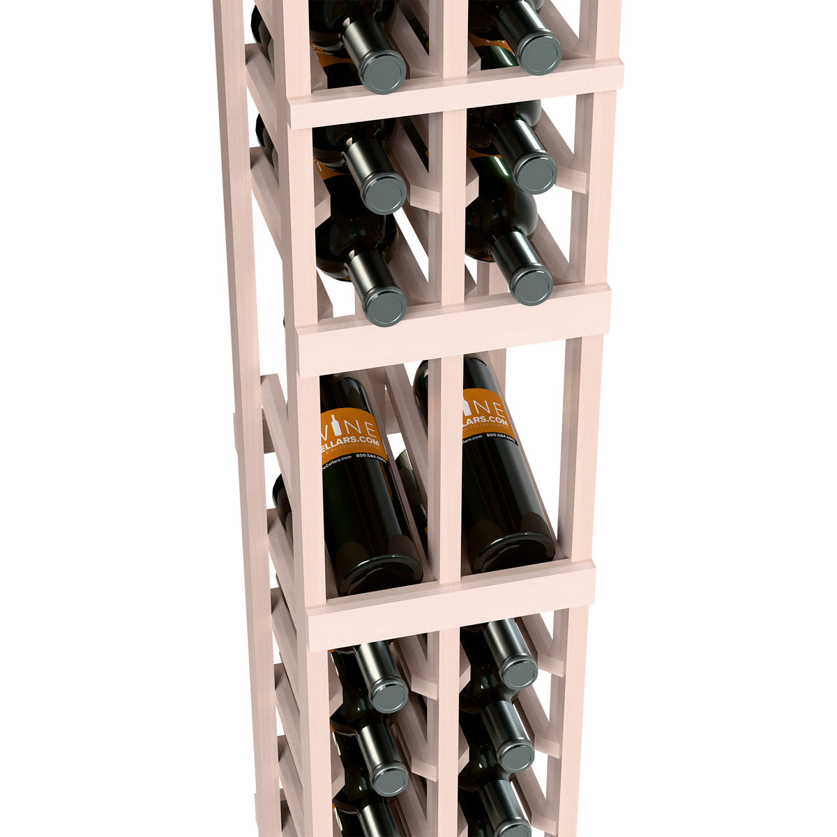 Close-up of white-washed 2-column wine rack with wine bottles in front slots