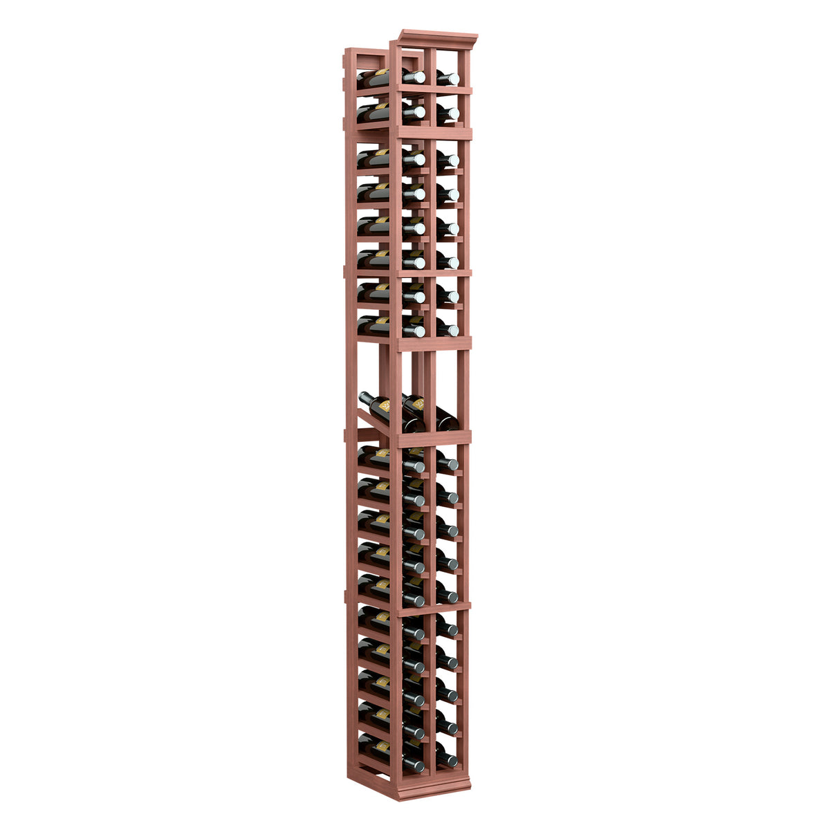 2-column wine display rack with reddish wood frame and bottle display slots