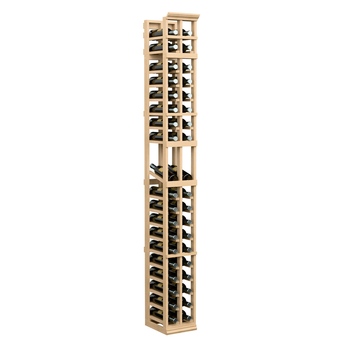 2-column wine display rack with light wood frame and bottle display compartments