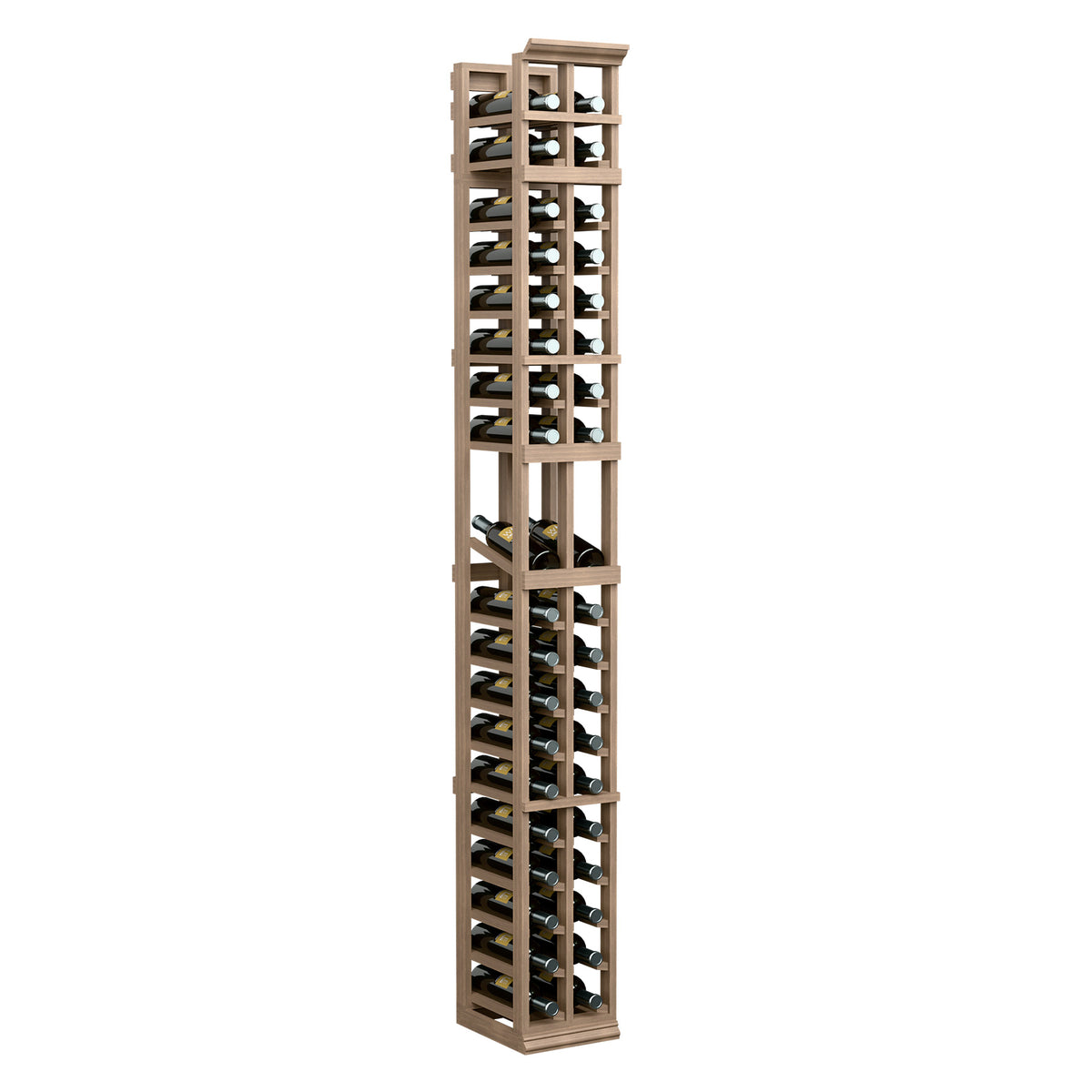 2-column wine display rack with medium brown wood frame and bottle storage rows