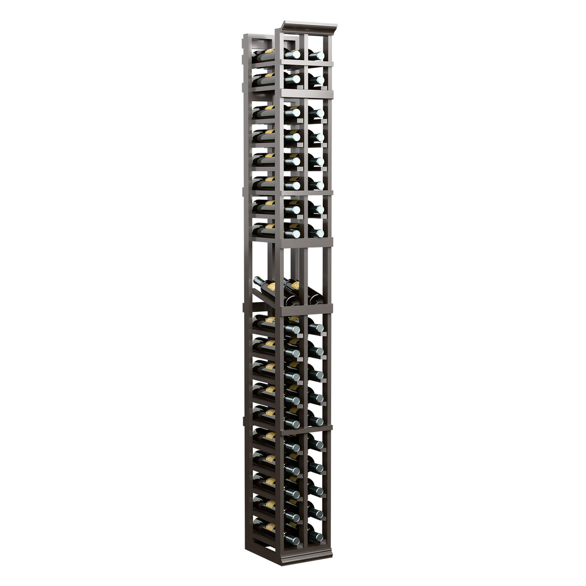 2-column wine display rack with dark gray wood frame and bottle display rails