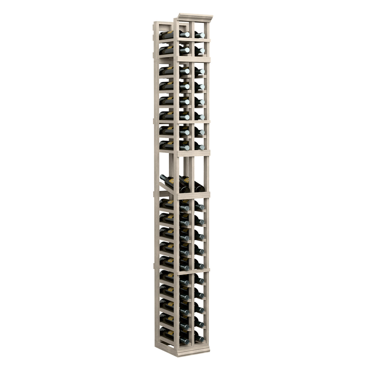 2-column wine bottle display rack, white-wash wood, vertical organizer with open shelves