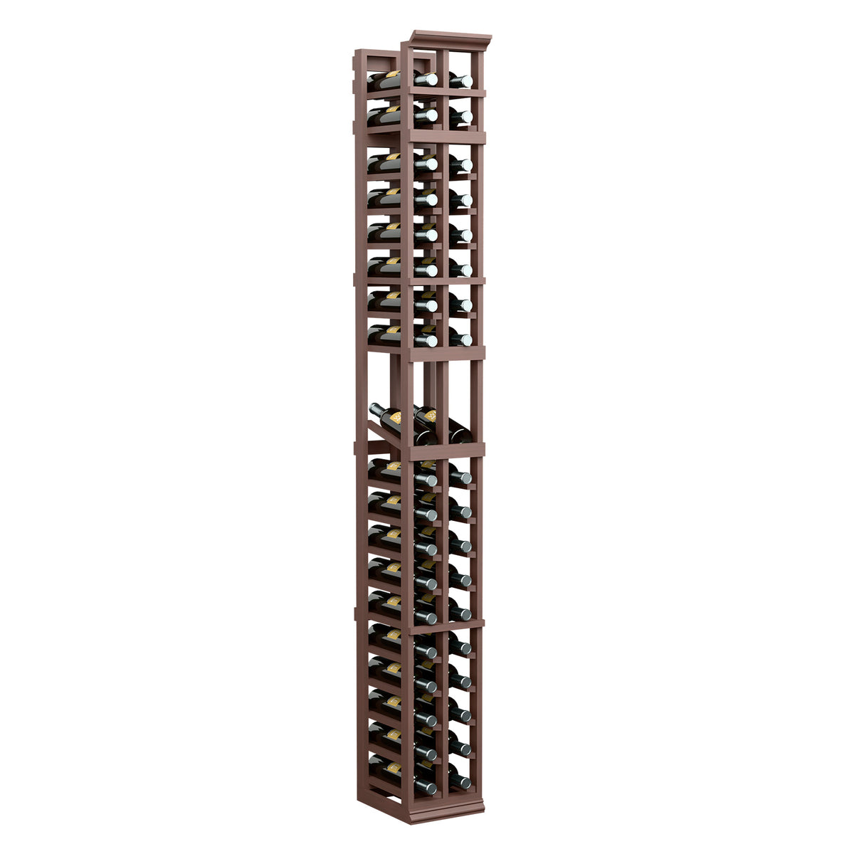2-column wine bottle display rack, dark walnut wood, vertical organizer with bottle cradles