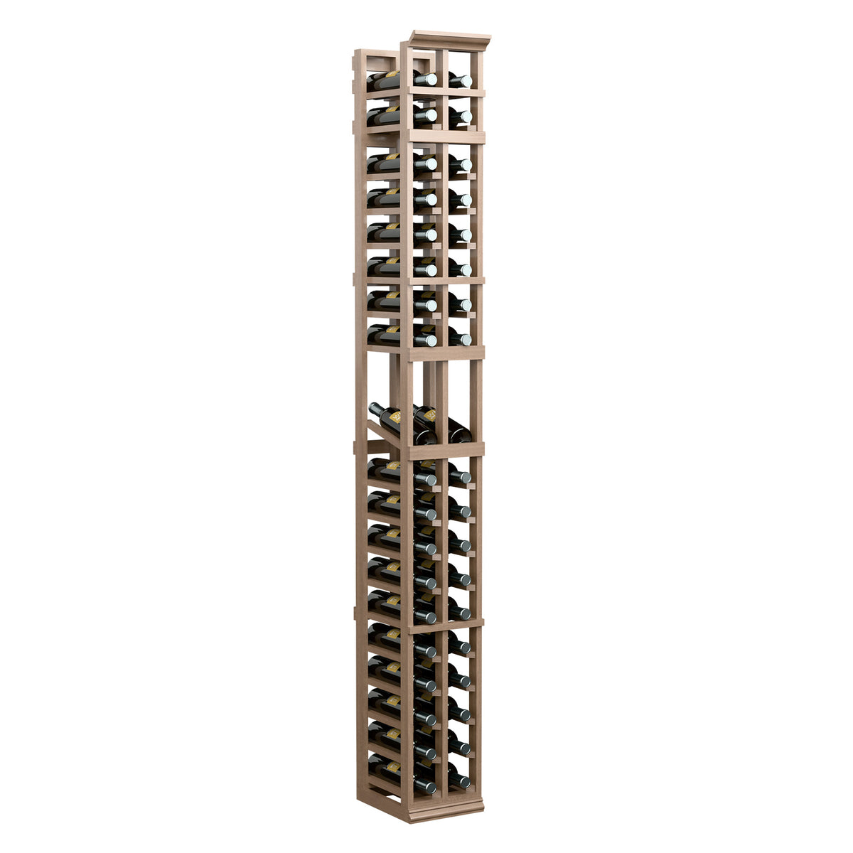 7ft 2-column wine display rack, medium brown wood frame with wine bottle slots
