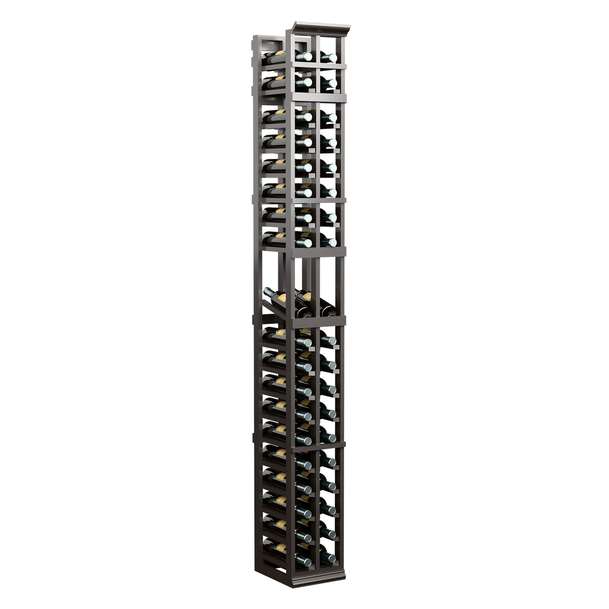 7ft 2-column wine display rack, dark gray finish with standing bottle racks