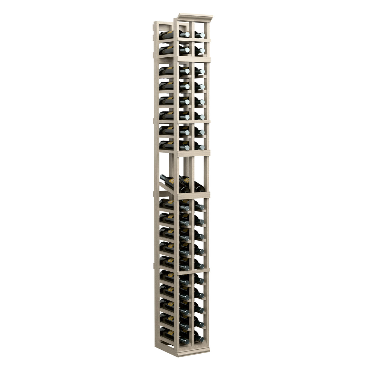 7-ft 2-column wine bottle display rack in white-wash wood with black dividers